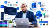 A Ms IT Xpress software engineer at work, surrounded by the web, mobile, AI, cloud, security and desktop systems the team builds