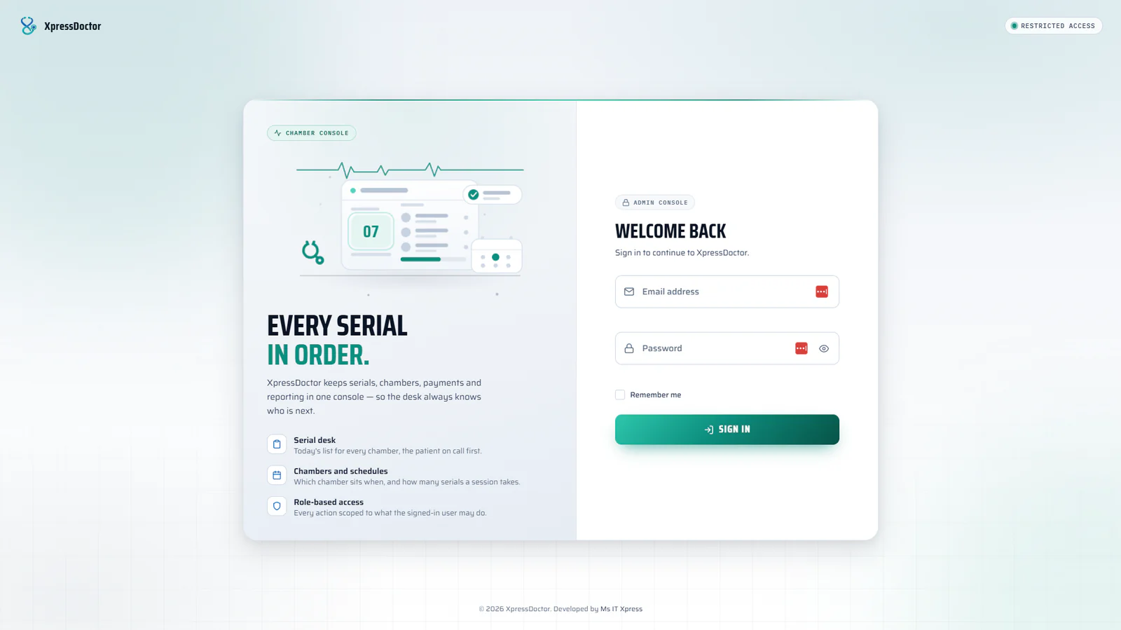 XpressDoctor admin console sign-in — serial desk, chambers and schedules, and role-based access