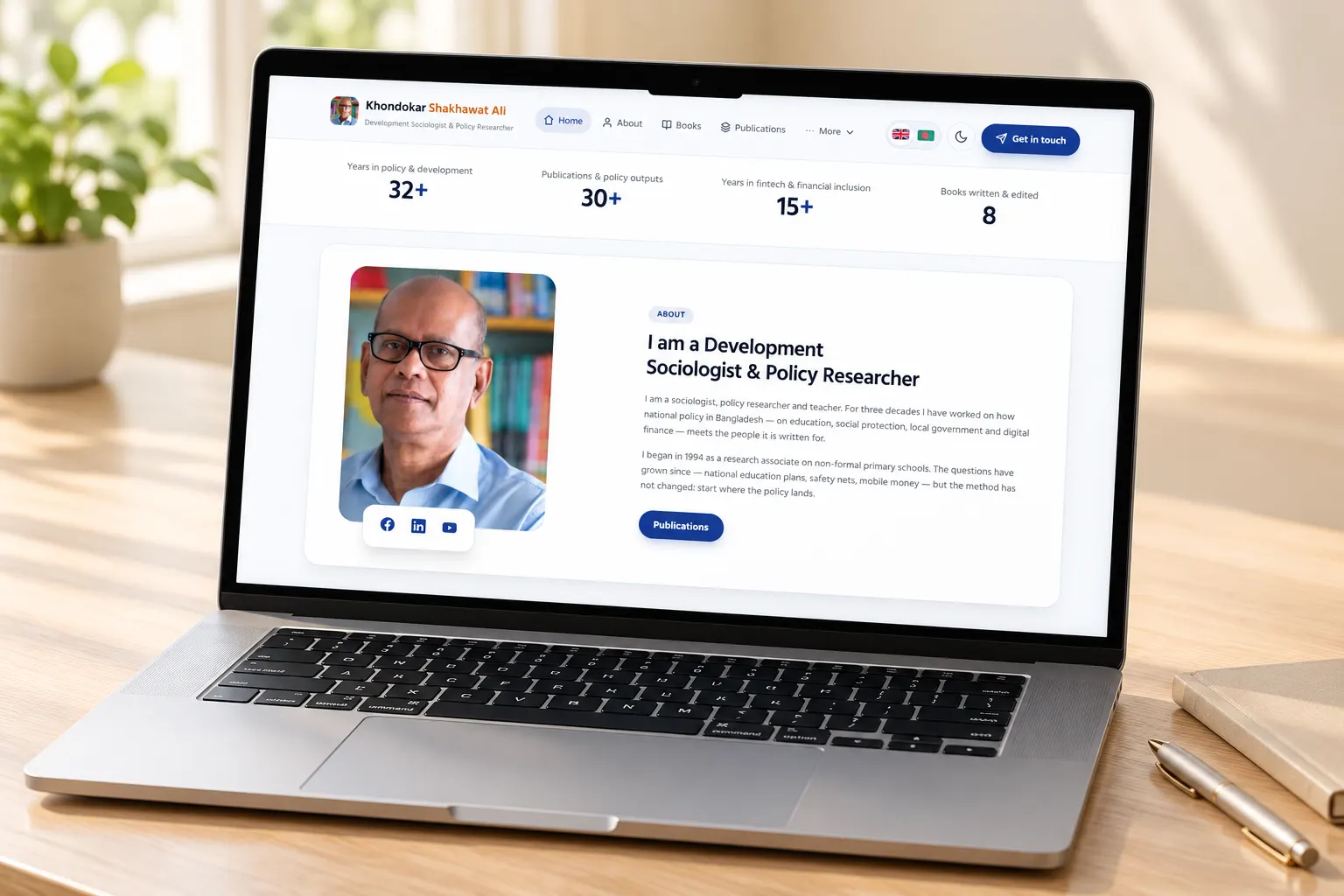 Headline numbers band and the About card with portrait and social links