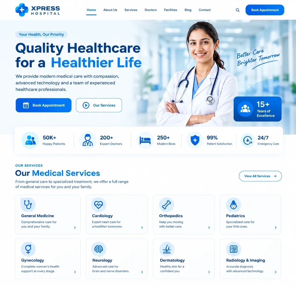 XpressHospital website home page with a Book Appointment button, hospital stats and medical services by department