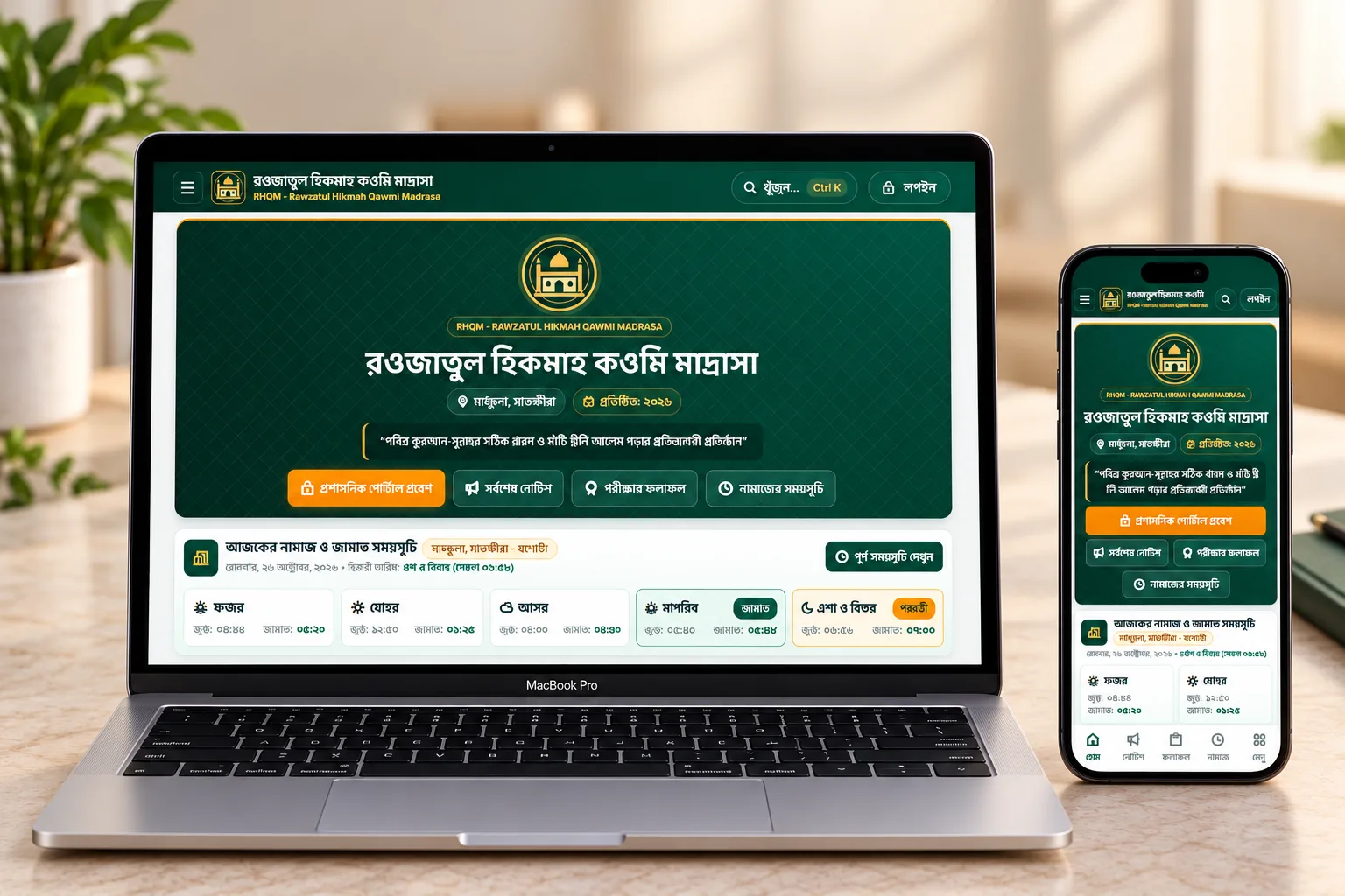 XpressMadrasa public portal for a Qawmi madrasa on a laptop and a phone, with notice, exam result and prayer time buttons and today's jamaat schedule