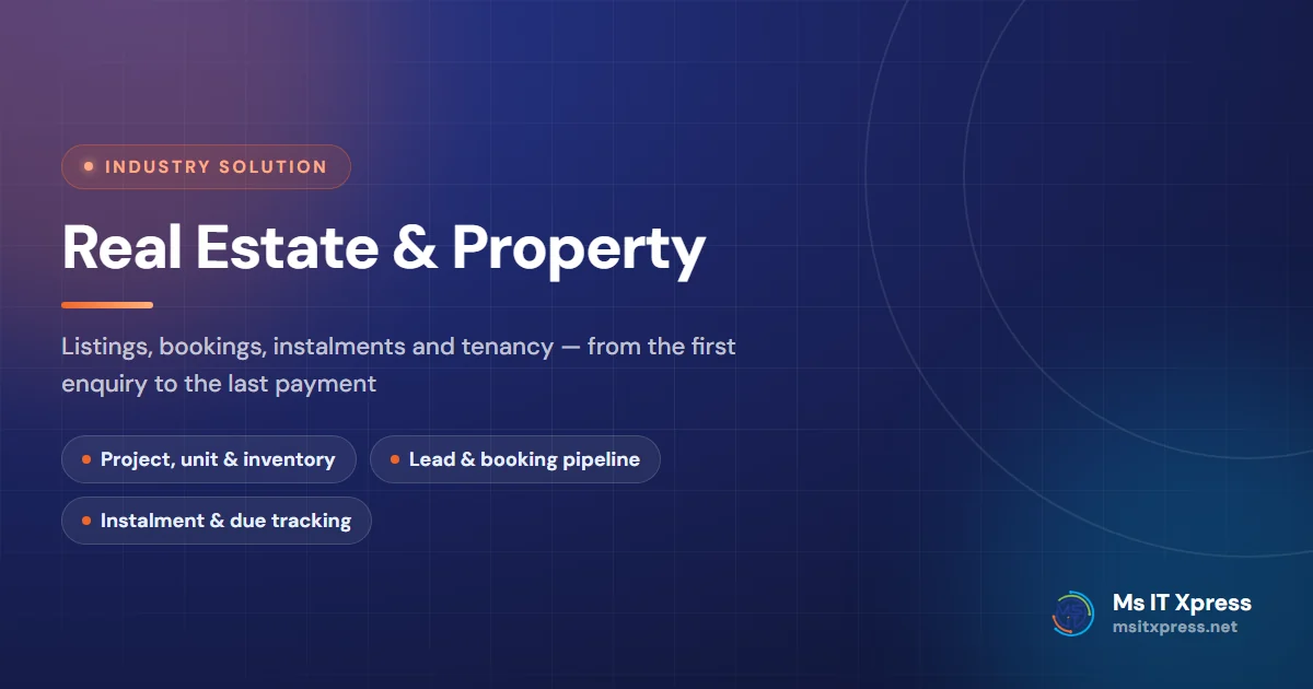 Real Estate & Property — Listings, bookings, instalments and tenancy — from the first enquiry to the last payment