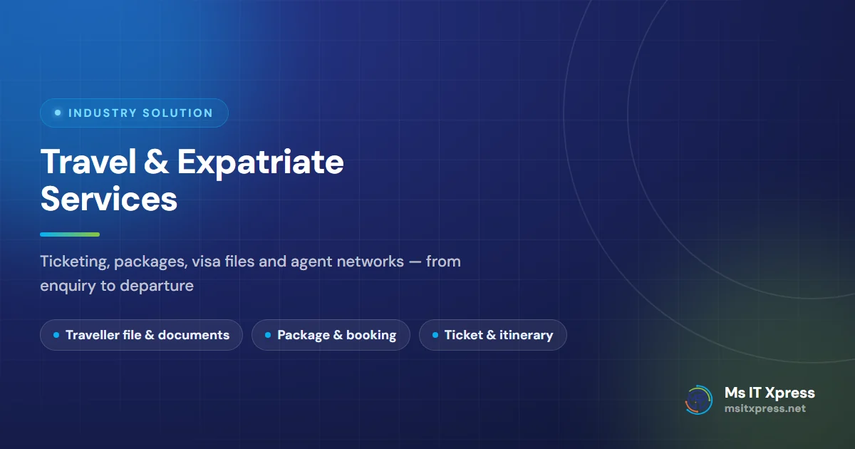 Travel & Expatriate Services — Ticketing, packages, visa files and agent networks — from enquiry to departure